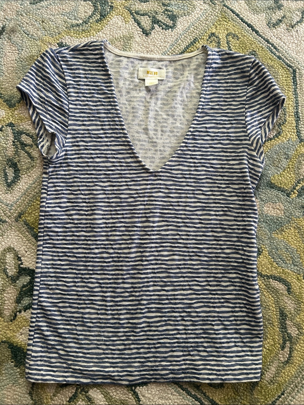Maeve Navy and White Striped V-Neck Short Sleeve Tee